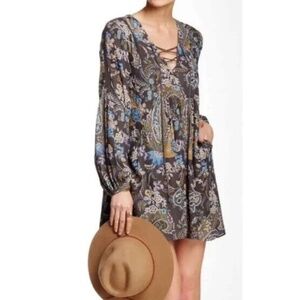 Free People Rain or Shine Gray Paisley Lace Up Tunic Dress Small